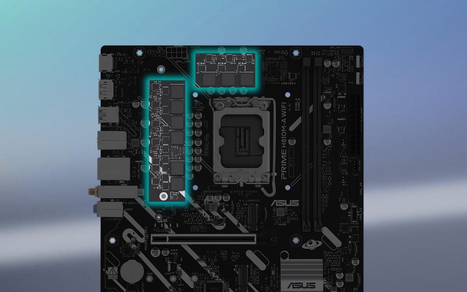 PRIME H810M-A WIFI ASUS ve Adobe Creative Cloud logosu ile birlikte ASUS bilgisayar ve monitör, projeksiyon cihazı ve çeşitli tasarım araçları.