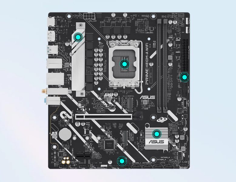 PRIME H810M-A WIFI ASUS ve Adobe Creative Cloud logosu ile birlikte ASUS bilgisayar ve monitör, projeksiyon cihazı ve çeşitli tasarım araçları.