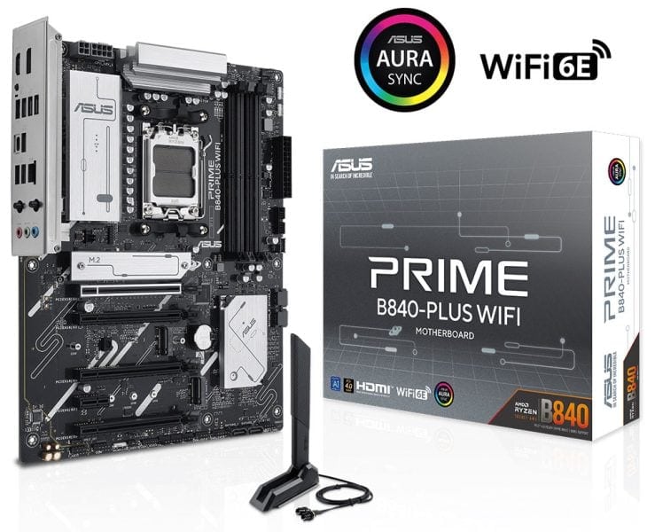 PRIME B840-PLUS WIFI ASUS ve Adobe Creative Cloud logosu ile birlikte ASUS bilgisayar ve monitör, projeksiyon cihazı ve çeşitli tasarım araçları.