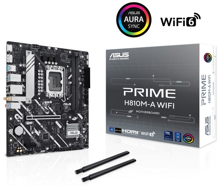 PRIME H810M-A WIFI ASUS ve Adobe Creative Cloud logosu ile birlikte ASUS bilgisayar ve monitör, projeksiyon cihazı ve çeşitli tasarım araçları.