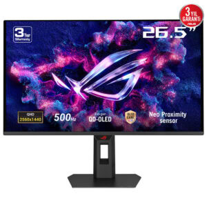 Yüksek çözünürlüklü 26.5 inç oyuncu monitörü, 2560x1440QHD ekran çözünürlüğü, 500Hz yenileme hızı ve QD-OLED teknolojisi ile üstün grafik ve hızlı tepki sağlar.