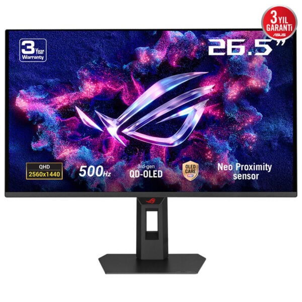 Yüksek çözünürlüklü 26.5 inç oyuncu monitörü, 2560x1440QHD ekran çözünürlüğü, 500Hz yenileme hızı ve QD-OLED teknolojisi ile üstün grafik ve hızlı tepki sağlar.