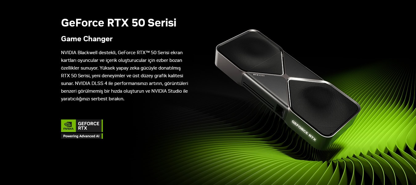 NVIDIA GeForce RTX 50 Serisi ekran kartı ile yüksek performanslı oyun deneyimi ve grafik kalitesi sağlar. Oyun tutkunları ve içerik üreticileri için ideal, DLSS 4 teknolojisi ve NVIDIA Studio desteği ile öne çıkar.