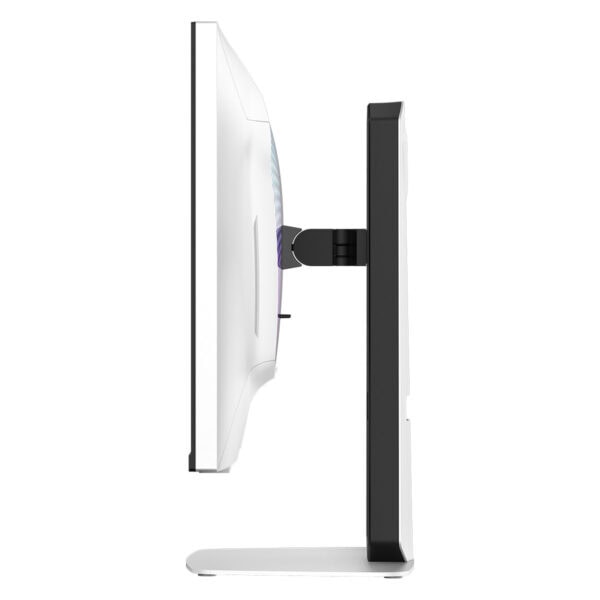 Görüntü karşıdan ve yanal perspektiften modern bilgisayar monitörü, şık tasarımı ve zengin renk özellikleriyle yüksek çözünürlüklü ekran ve ergonomik stand ile.