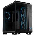Gaming kasası, şeffaf cam panel ve mavi LED aydınlatmalı fanlar ile yüksek performanslı bilgisayar donanımı sergiliyor.