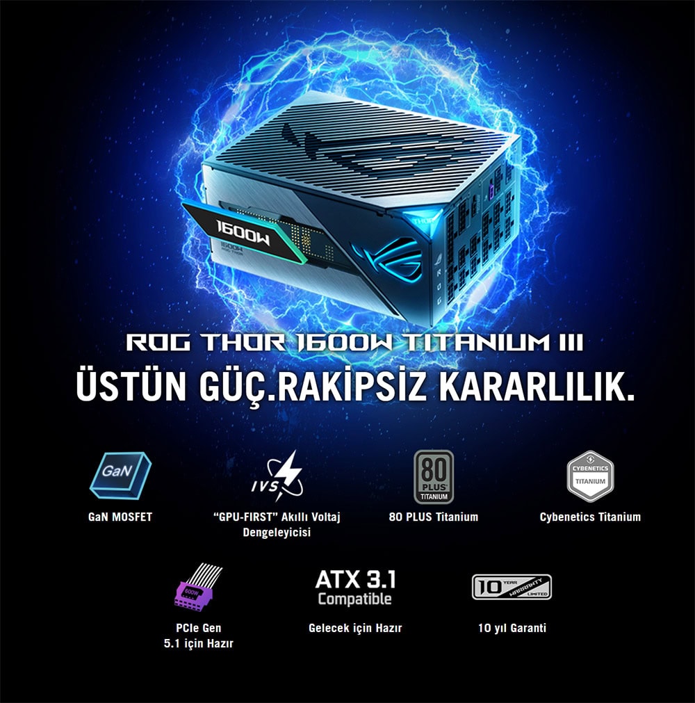 Yüksek güç ve güvenilirlik ile ROG Thor 1600W Titanium III güç kaynağı, oyun ve performans bilgisayarları için tasarlandı.