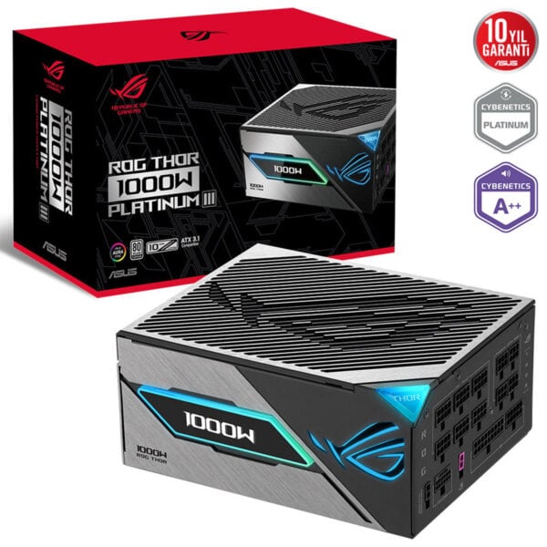Yüksek performanslı Asus ROG Thor 1000W Güç Kaynağı, şık tasarımı ve 80 Plus Platinum verimlilik sertifikasıyla oyun ve yüksek performans gerektiren bilgisayarlar için ideal.