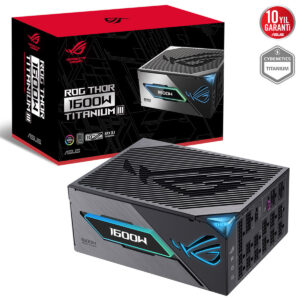 Yüksek kaliteli ASUS ROG Thor 1600W Titanium güç kaynağı, gelişmiş soğutma ve dayanıklılık sağlayan tasarım, oyun ve yüksek performanslı bilgisayar sistemleri için ideal.