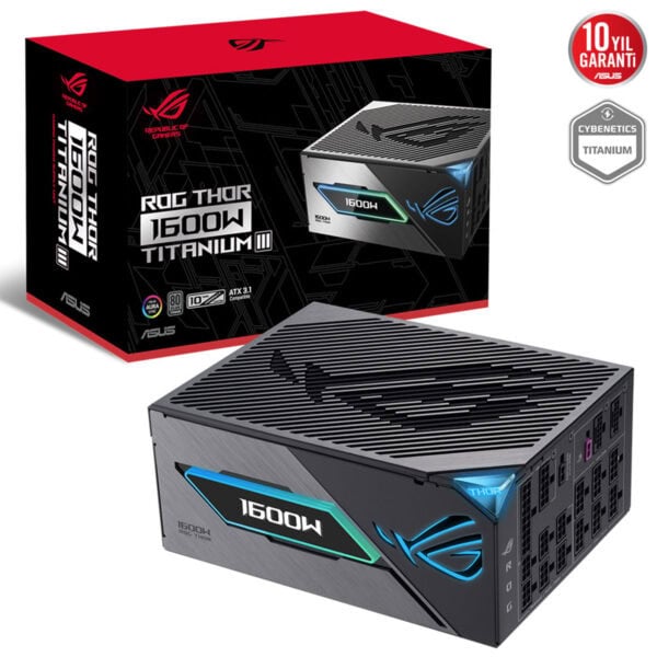 Yüksek kaliteli ASUS ROG Thor 1600W Titanium güç kaynağı, gelişmiş soğutma ve dayanıklılık sağlayan tasarım, oyun ve yüksek performanslı bilgisayar sistemleri için ideal.