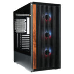 Gelişmiş oyun bilgisayarı kasası, siyah metal ve ahşap detaylar, RGB aydınlatmalı fanlar, geniş iç alan ve modern tasarım.