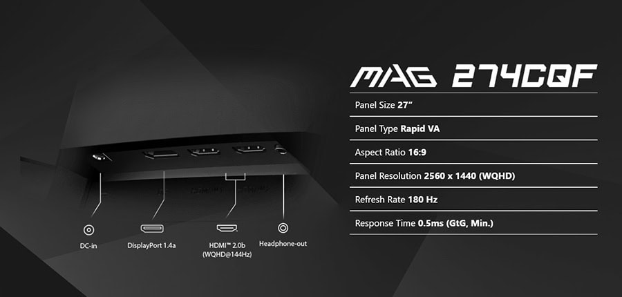MSI MAG 274CQF 27 inç 180Hz 0.5ms 2K WQHD Adaptive Sync Rapid VA Kavisli Gaming Monitör H10