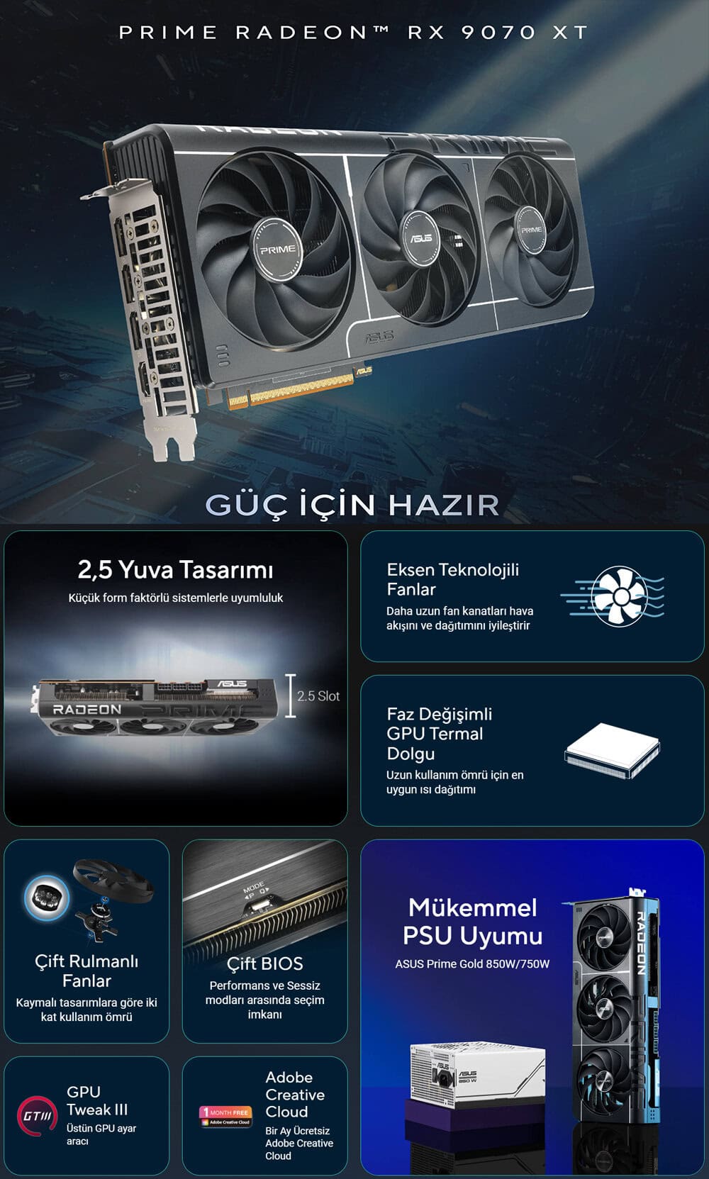 ASUS Prime Radeon™ RX 9070 XT OC Edition 16GB GDDR6 ASUS Prime Radeon RX 9070 XT OC 16GB Ekran Kartı h3
