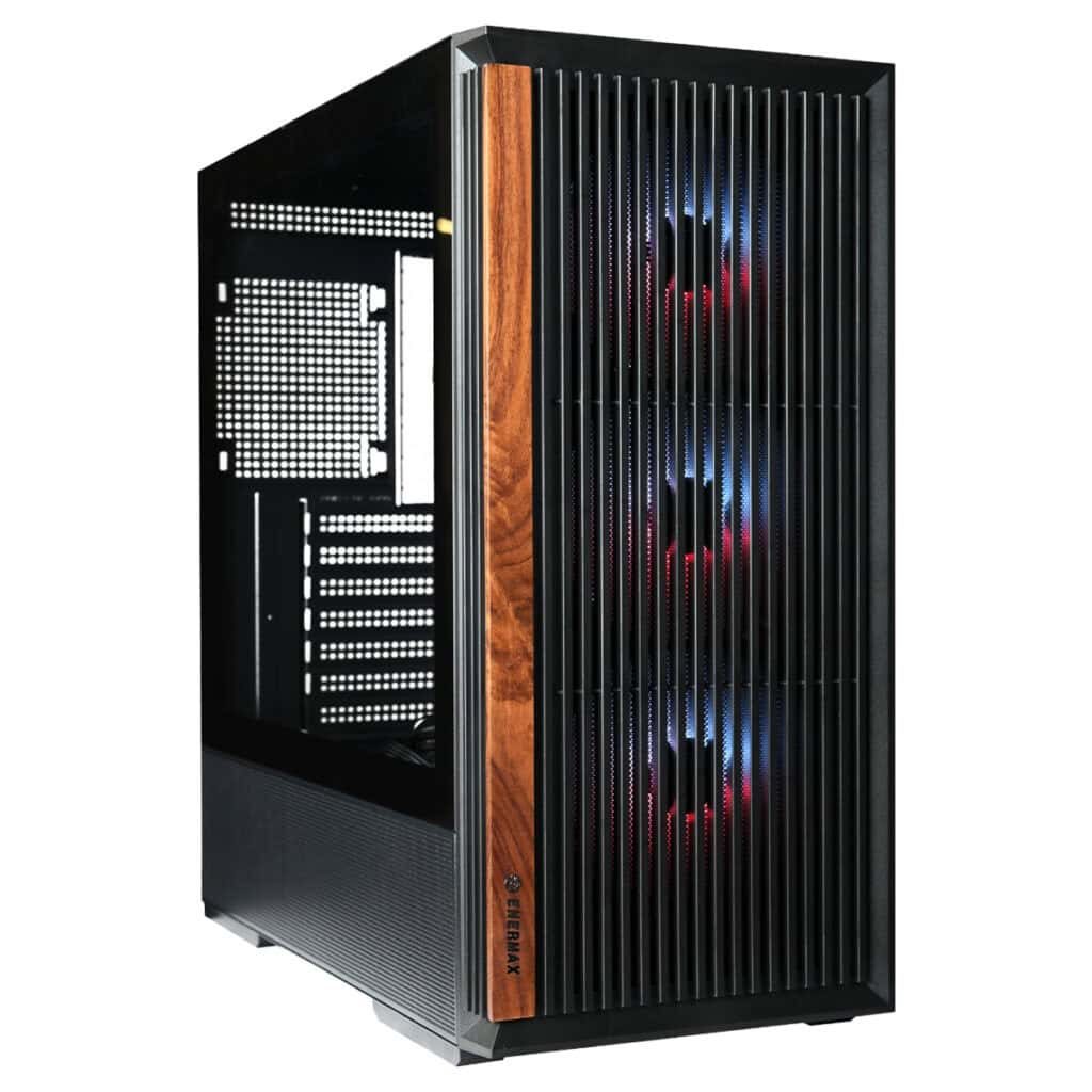 Gelişmiş oyun bilgisayarı kasası, siyah metal ve ahşap detaylar, RGB aydınlatmalı fanlar, geniş iç alan ve modern tasarım.