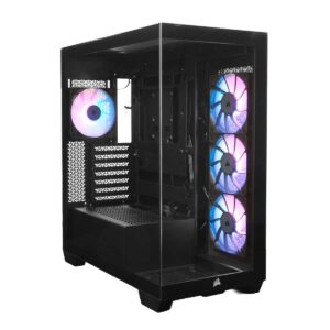 Gelişmiş gaming kasası içi RGB aydınlatmalı fanlar ve yüksek performanslı bileşenler ile donatılmış, şeffaf cam panel ile gösterişli tasarım.