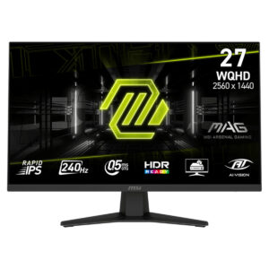 Yüksek çözünürlüklü MSI MAS Gamin ekranı, 2560x1440 piksel WQHD, 27 inç, 240Hz yenileme hızı, HDR Ready, 0.5ms GTG tepki süresi ve IPS panel özellikleriyle profesyonel oyun deneyimi sağlar.