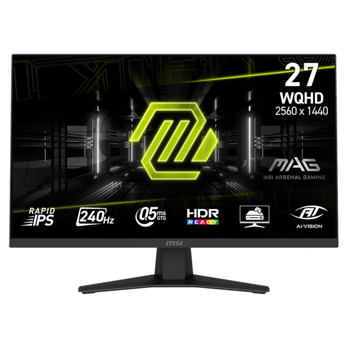 Yüksek çözünürlüklü MSI MAS Gamin ekranı, 2560x1440 piksel WQHD, 27 inç, 240Hz yenileme hızı, HDR Ready, 0.5ms GTG tepki süresi ve IPS panel özellikleriyle profesyonel oyun deneyimi sağlar.