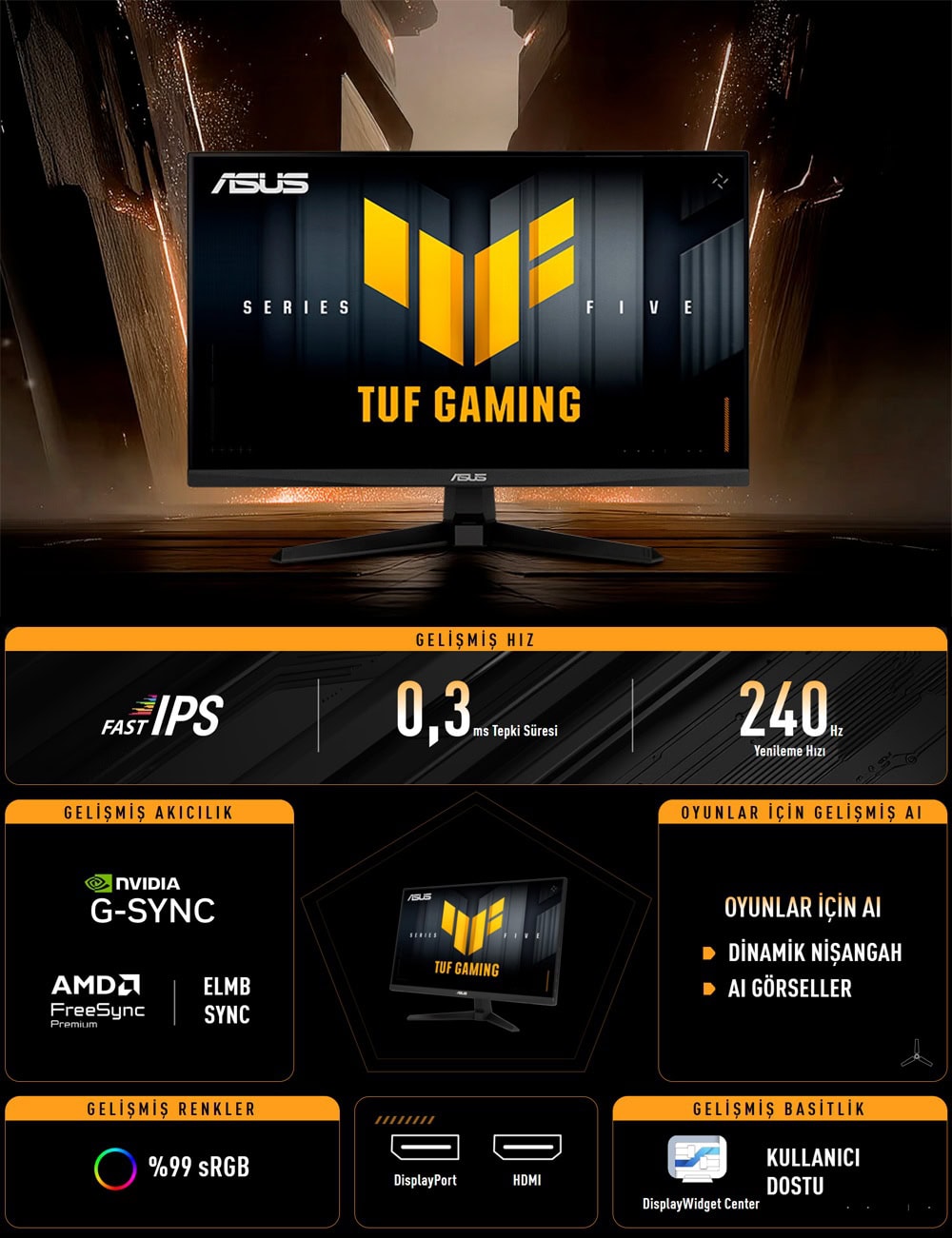 Yüksek performanslı ASUS TUF Gaming monitör, 240Hz yenileme hızı ve 0,3 ms tepki süresi ile en iyi oyun deneyimini sunar. Gelişmiş IPS panel ve NVIDIA G-SYNC, AMD FreeSync teknolojileri ile mükemmel görüntü kalitesi sağlar.