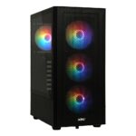 RGB aydınlatmalı üç fanlı oyun bilgisayarı kasası, siyah renkli, hava akışlı metal ön panel ve şeffaf yan panel ile modern tasarım.