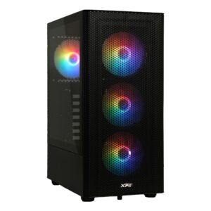 RGB aydınlatmalı üç fanlı oyun bilgisayarı kasası, siyah renkli, hava akışlı metal ön panel ve şeffaf yan panel ile modern tasarım.