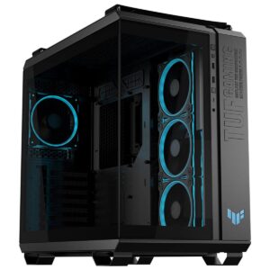 Gelişmiş gaming kasası, içinde üç adet mavi aydınlatmalı fan ve şeffaf cam panel ile yüksek performanslı oyun bilgisayarı tasarımı.