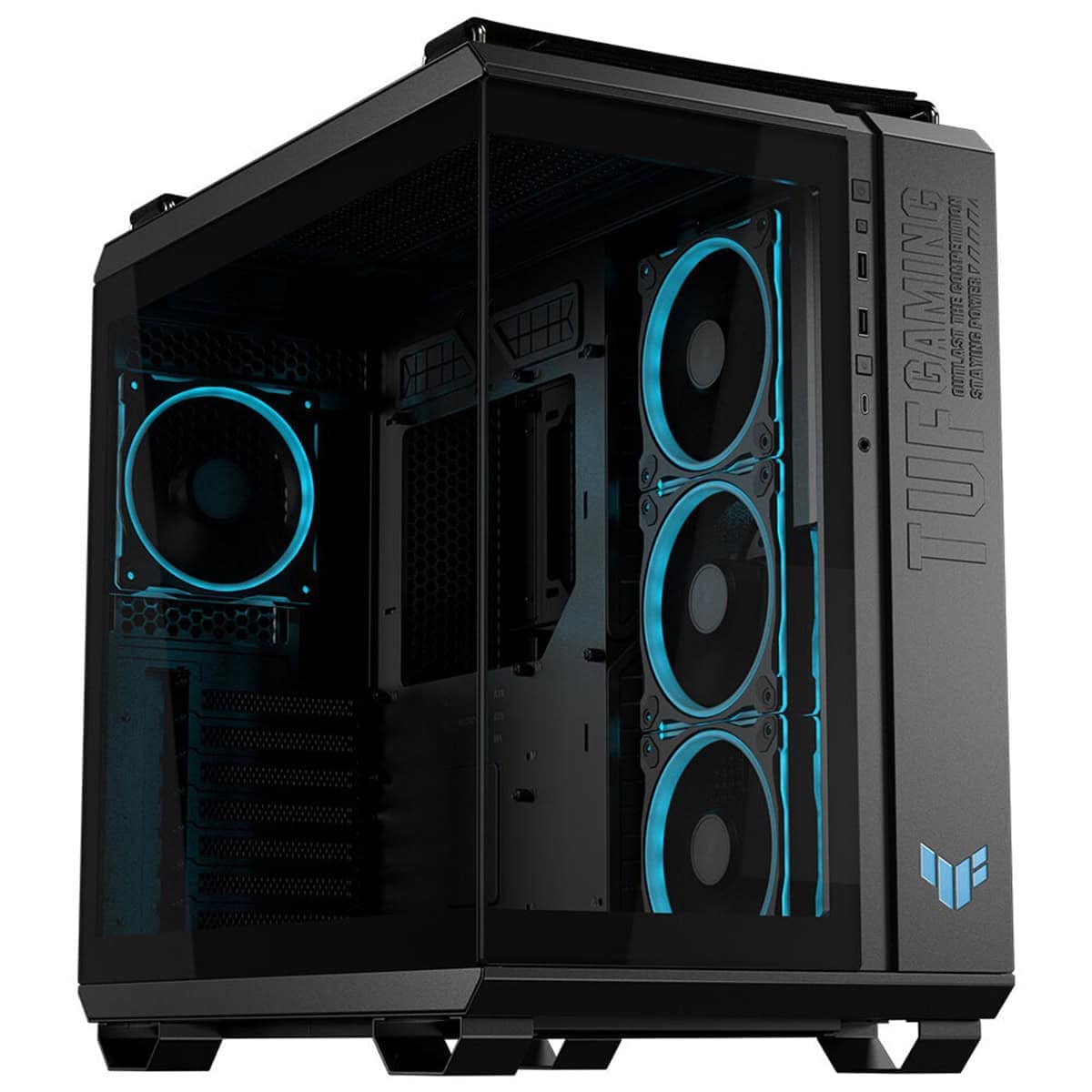 Gelişmiş gaming kasası, içinde üç adet mavi aydınlatmalı fan ve şeffaf cam panel ile yüksek performanslı oyun bilgisayarı tasarımı.