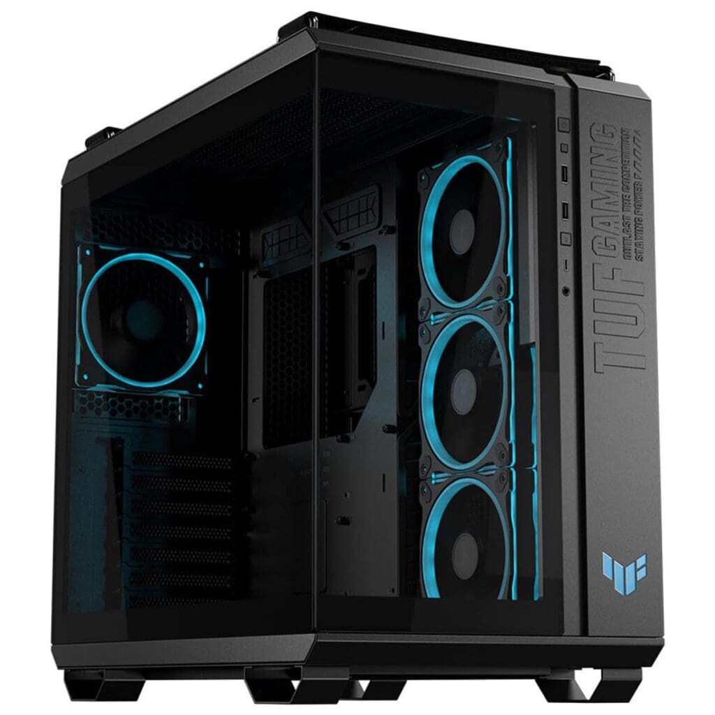 Gelişmiş gaming bilgisayar kasası, şeffaf cam panel ve mavi LED aydınlatmalı fanlar ile yüksek performanslı sistem kurulumu.