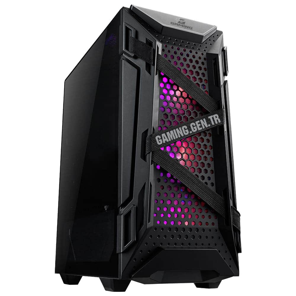 RGB aydınlatmalı oyun bilgisayarı kasası, hava akışlı ve şık tasarım, yüksek performanslı donanım için uygun.