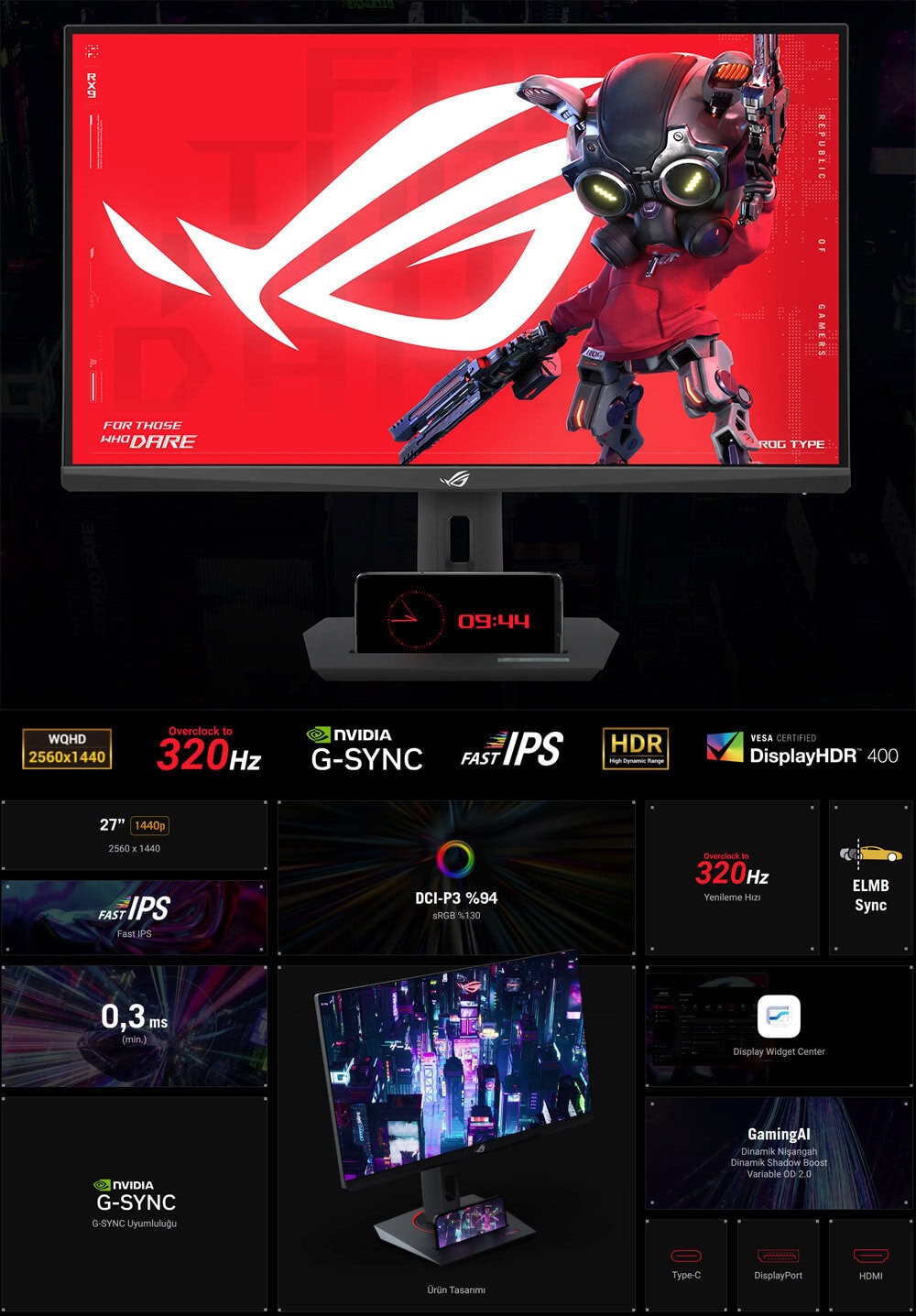 OYUN MONİTÖRÜ GÖRSELİ, 2560x1440 WQHD çözünürlük ve 320Hz yenileme hızıyla akıcı ve net oyun deneyimi sağlar, NVIDIA G-SYNC ve HDR uyumluluğu ile yüksek kaliteli görseller sunar, ergonomik tasarım ve çeşitli bağlantı seçenekleriyle öne çıkar.