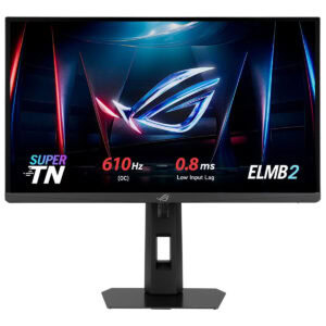 Yüksek yenileme hızına sahip gaming monitörü, 610Hz ve 0.8ms tepkime süresi ile üstün oyun deneyimi sağlar. ROG logo, şık tasarım ve düşük giriş gecikmesi ile profesyonel oyunlar için ideal.