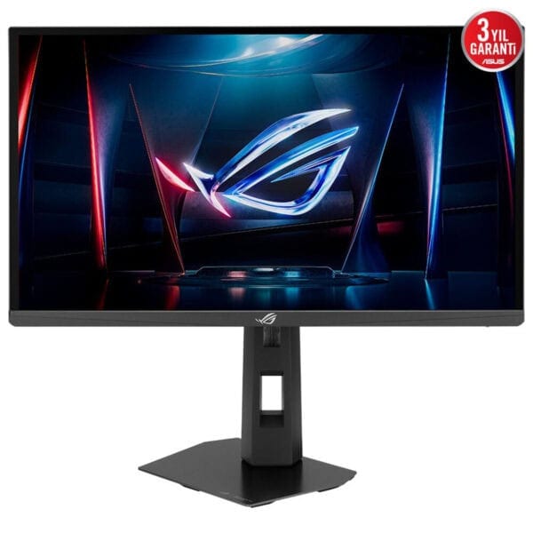 Yüksek çözünürlüklü gaming monitör, ROG logosu ile ışıklandırılmış ve hızlı tepki süresi sunar, profesyonel oyun deneyimi için ideal.
