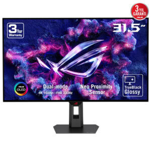 Yüksek çözünürlükte Asus OLED oyun monitörü, 31.5 inç 4K, G-SYNC destekli, 165Hz yenileme hızı, dual-mode ve Neo Proximity Sensor özellikleri ile profesyonel oyunculara yönelik.