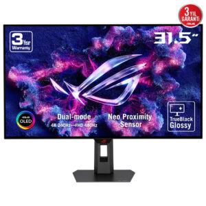 Yüksek çözünürlüklü 31.5 inç ASUS OLED Oyun Monitörü, Dual-mode, Neo Proximity Sensor, 4K 240Hz ve FHD 480Hz yenileme hızı özellikleriyle profesyonel oyun ve grafik deneyimi sunar.