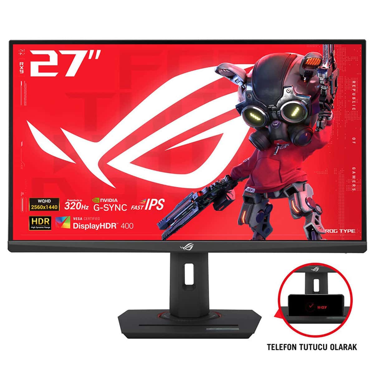 Yüksek çözünürlüklü 27 inç Gaming Monitör, ASUS ROG tasarımı, 2560x1440 WQHD ekran, NVIDIA G-SYNC, 320Hz hızında, IPS panel, HDR DisplayHDR 400, yüksek yenileme hızı ve düşük gecikme özelliğiyle profesyonel oyun deneyimi.
