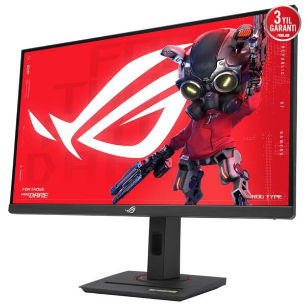Yüksek çözünürlüklü oyun monitörü, ASUS ROG tarzında robot ve gamer temalı içeriğiyle, profesyonel oyun performansı ve şık tasarımıyla dikkat çekiyor.