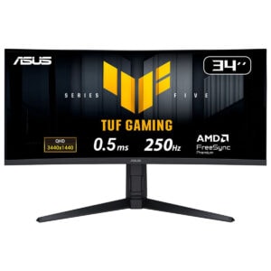 Yüksek çözünürlüklü 34 inç ASUS TUF Gaming monitor, 3440x1440 QHD ekran ve 0.5 ms tepki süresi ile oyun deneyimini artırır, AMD FreeSync ve 250Hz yenileme hızıyla akıcı görüntü sağlar.