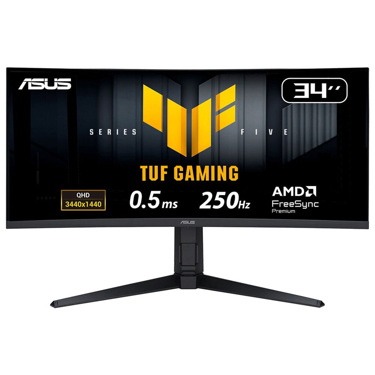 Yüksek çözünürlüklü 34 inç ASUS TUF Gaming monitor, 3440x1440 QHD ekran ve 0.5 ms tepki süresi ile oyun deneyimini artırır, AMD FreeSync ve 250Hz yenileme hızıyla akıcı görüntü sağlar.