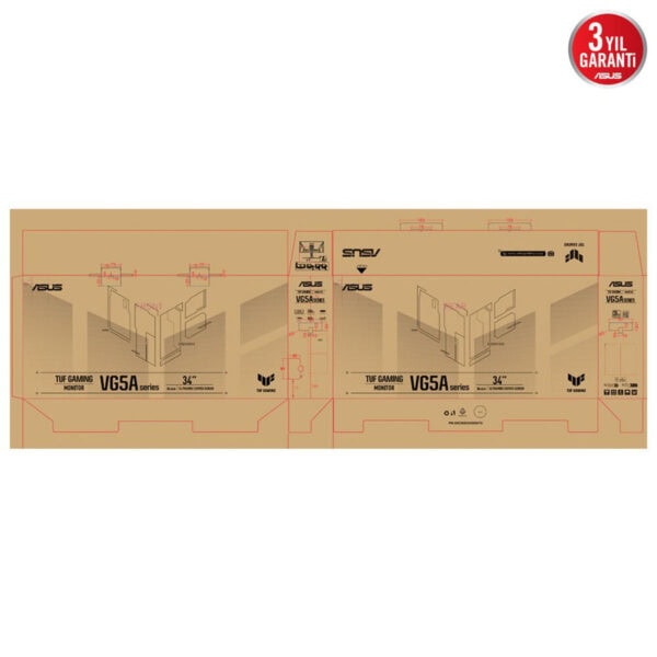 Yüksek çözünürlüklü ASUS VG5A 34 inç oyun monitörü kutu tasarımı, detaylı teknik çizimler ve ürün açıklamaları, oyuncular ve teknoloji tutkunları için optimize edilmiş görsel içerik.