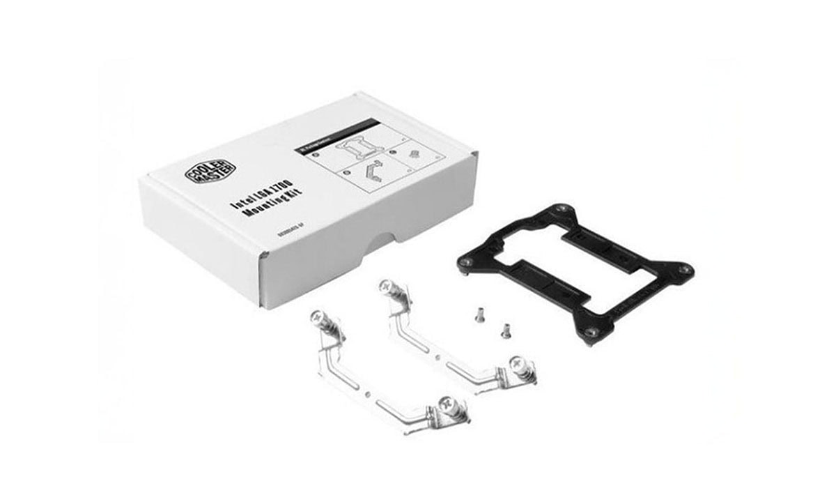 Aşağıdaki Paylaşılan Cooler Master LGA 1200 uyumlu işlemci soğutucularını LGA 1700 uyumlu hale getiren dönüştürücüdür.