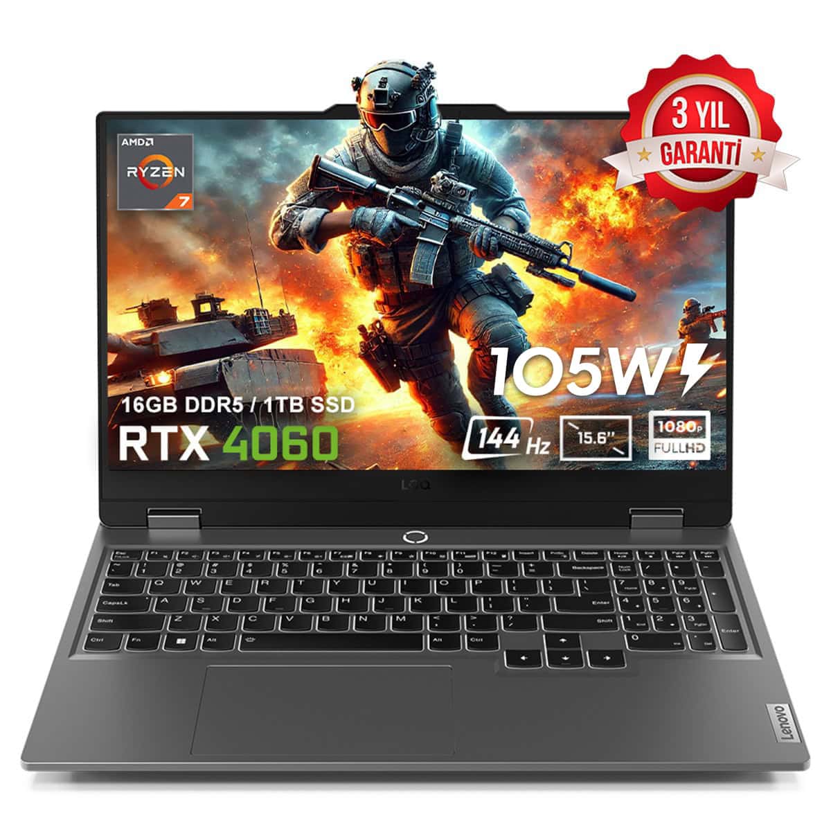 Lenovo Loq 15arp9 83jc00fktrv4 Amd Ryzen 7 7435hs 16gb Ddr5 1tb Ssd Rtx4060 8gb 105w 15 6 Inc 144hz Full Hd Freedos Gaming Laptop 1