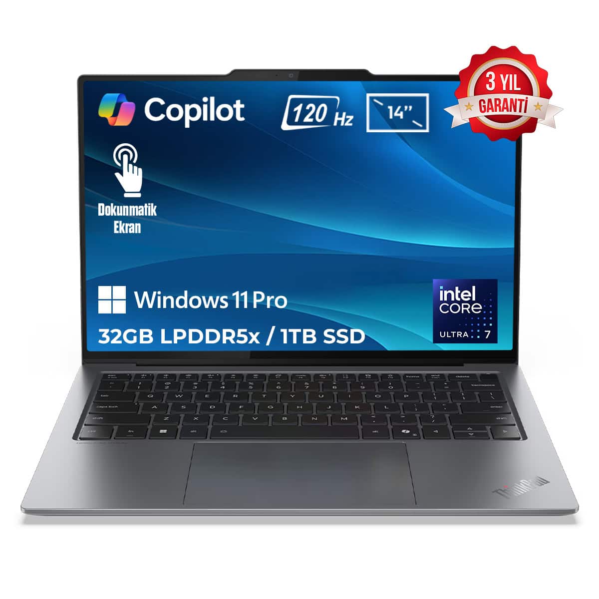 Yapay Zeka dostu, 14 inç dokunmatik ekranlı, 120 Hz ekran yenileme hızına sahip Windows 11 Pro dizüstü bilgisayar with Intel Core i7, 32GB RAM ve 1TB SSD, uzun garanti süresi ile.