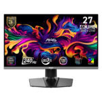 Yüksek çözünürlüklü oyun monitörü, 27 inç 4K UHD ekran, OLED ekran teknolojisi ve 240Hz yenileme hızı ile geliştirilmiş oyun deneyimi, MSI MAG modelleri ve renkli grafikler.