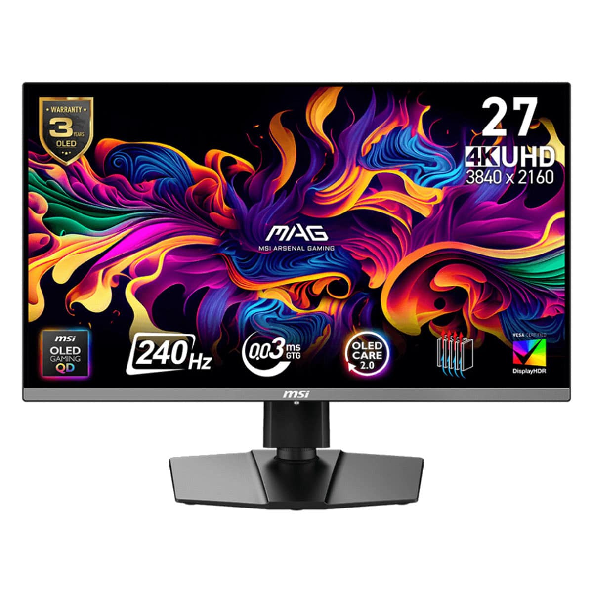 Yüksek çözünürlüklü oyun monitörü, 27 inç 4K UHD ekran, OLED ekran teknolojisi ve 240Hz yenileme hızı ile geliştirilmiş oyun deneyimi, MSI MAG modelleri ve renkli grafikler.