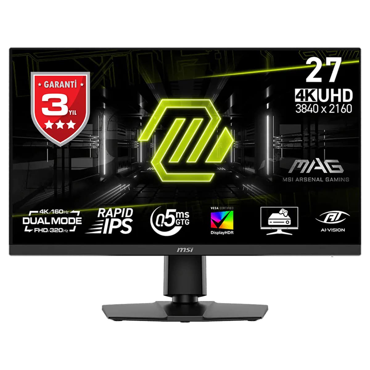 MSI MAG 272URDF E16 27 inç 320Hz FHD ve 4K UHD Dual-Mode oyun monitörü, 0.5ms GTG, FreeSync Premium, Rapid IPS, Pivot, DisplayHDR, 3840x2160 çözünürlük.