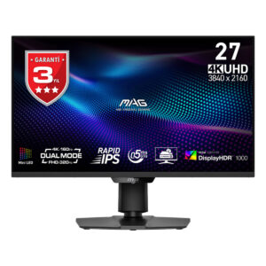 Yüksek çözünürlüklü MSI MAG 27 4K UHD oyun monitörü, 3840x2160 ekran çözünürlüğü, 4K/160Hz Dual Mode, IPS panel, 0.5ms GTG tepki süresi ve HDR desteği ile profesyonel ve oyunculara uygun.