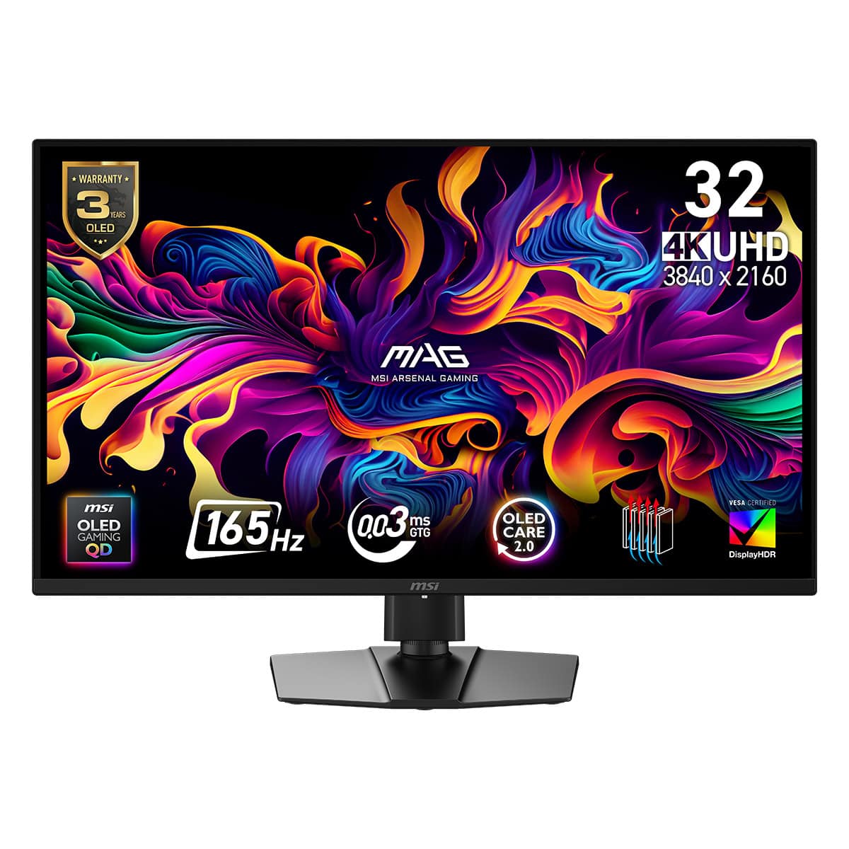 3840x2160 32 inç MSI MAG OLED oyun monitörü, 165Hz yenileme hızı ve 0.003ms tepki süresi ile yüksek performanslı oyun ekranı, DisplayHDR ve VESA sertifikası özellikleriyle üstün görsel deneyim sağlar.