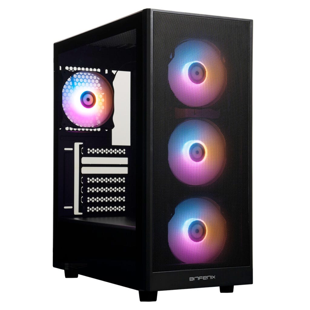 RGB aydınlatmalı bilgisayar kasası ve iç fanlar, şık ve modern tasarım, yüksek performanslı oyun ve çalışma sistemi için ideal.
