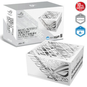 Kutu ve ürün görseli, ASUS ROG Strix 1000W Platinum güç kaynağı, beyaz özel edition, yüksek performans ve güvenilirlikli oyun deneyimi için tasarlanmış, şık ve dayanıklı tasarım ile dikkat çeker.
