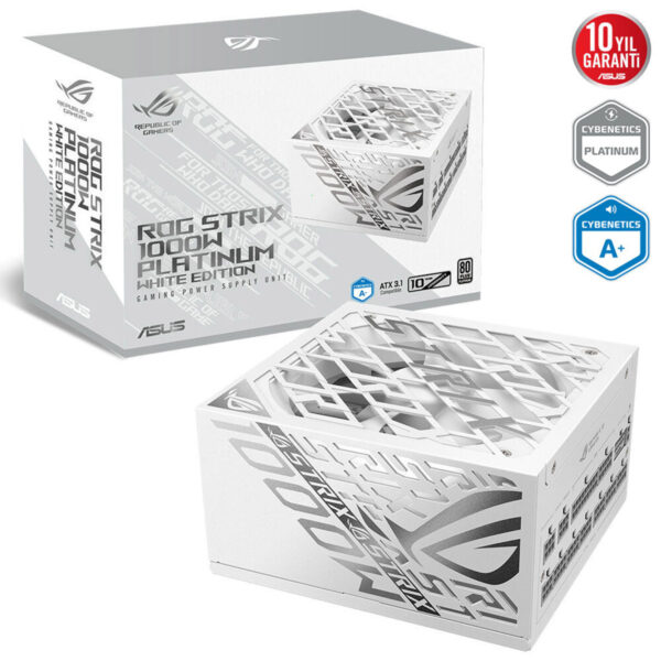 Kutu ve ürün görseli, ASUS ROG Strix 1000W Platinum güç kaynağı, beyaz özel edition, yüksek performans ve güvenilirlikli oyun deneyimi için tasarlanmış, şık ve dayanıklı tasarım ile dikkat çeker.