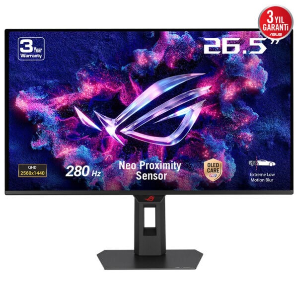 Yüksek çözünürlüklü ASUS ROG 26.5 inç oyun monitörü, QHD 2560x1440 ekran, 280 Hz yenileme hızı ve Neo Proximity Sensör teknolojisi ile oyun ve multimedya deneyimini artırır.