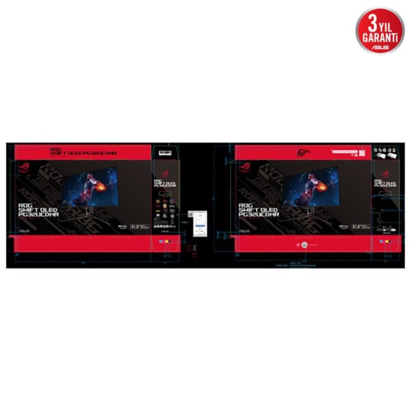 Yüksek çözünürlüklü ASUS ROG Swift OLED PGP321 QDMR monitor kutu tasarımı, kırmızı ve siyah renklerle oyun ve profesyonel kullanım için ideal teknolojiyi gösteriyor.
